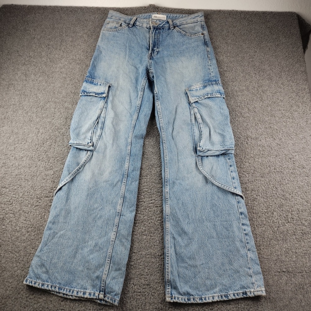 Zara Cotton Jeans Sz 4 Cargo Wide Leg Light Wash Straps Baggy EUC